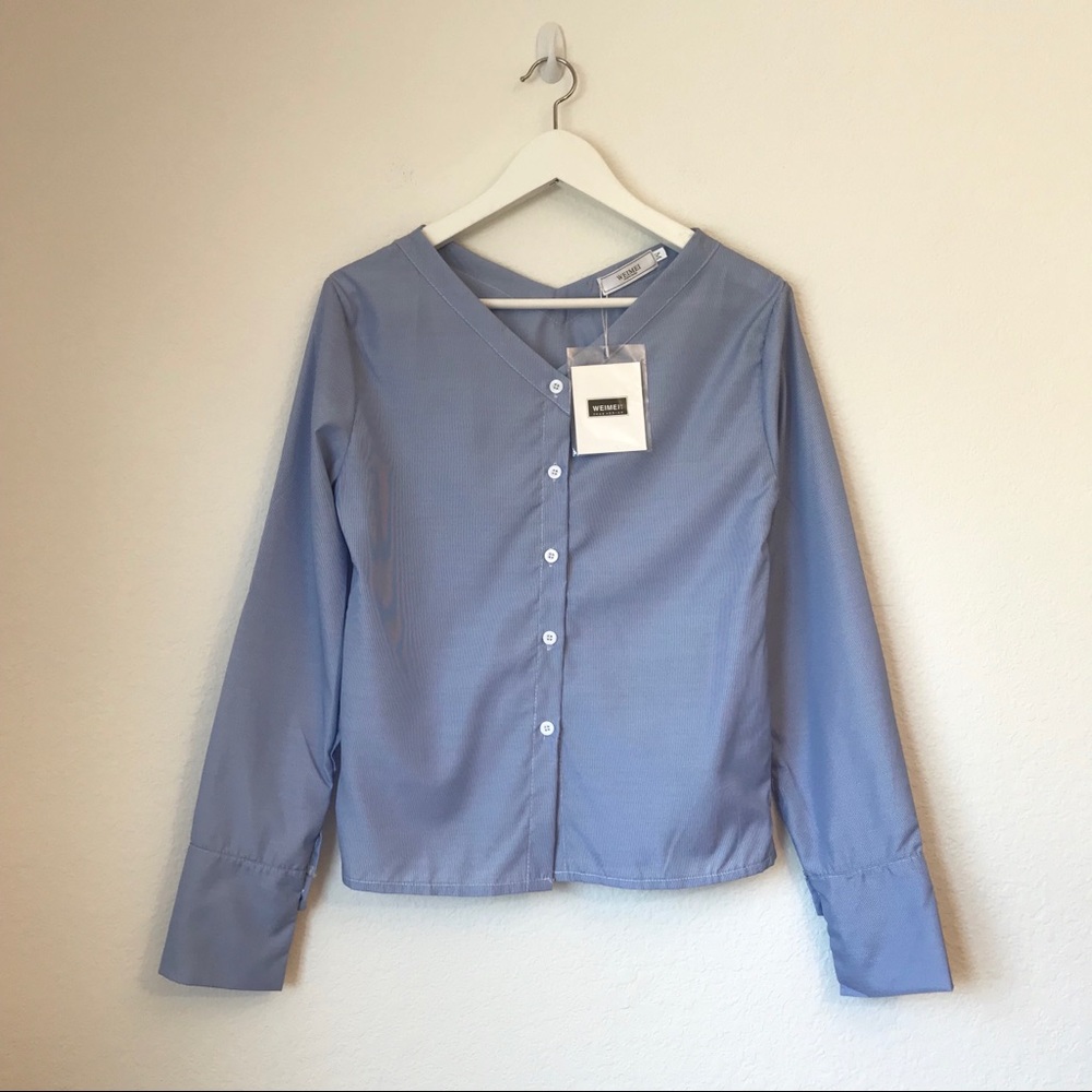 NWT WEIMEI Striped Blue/White Button Down Blouse M